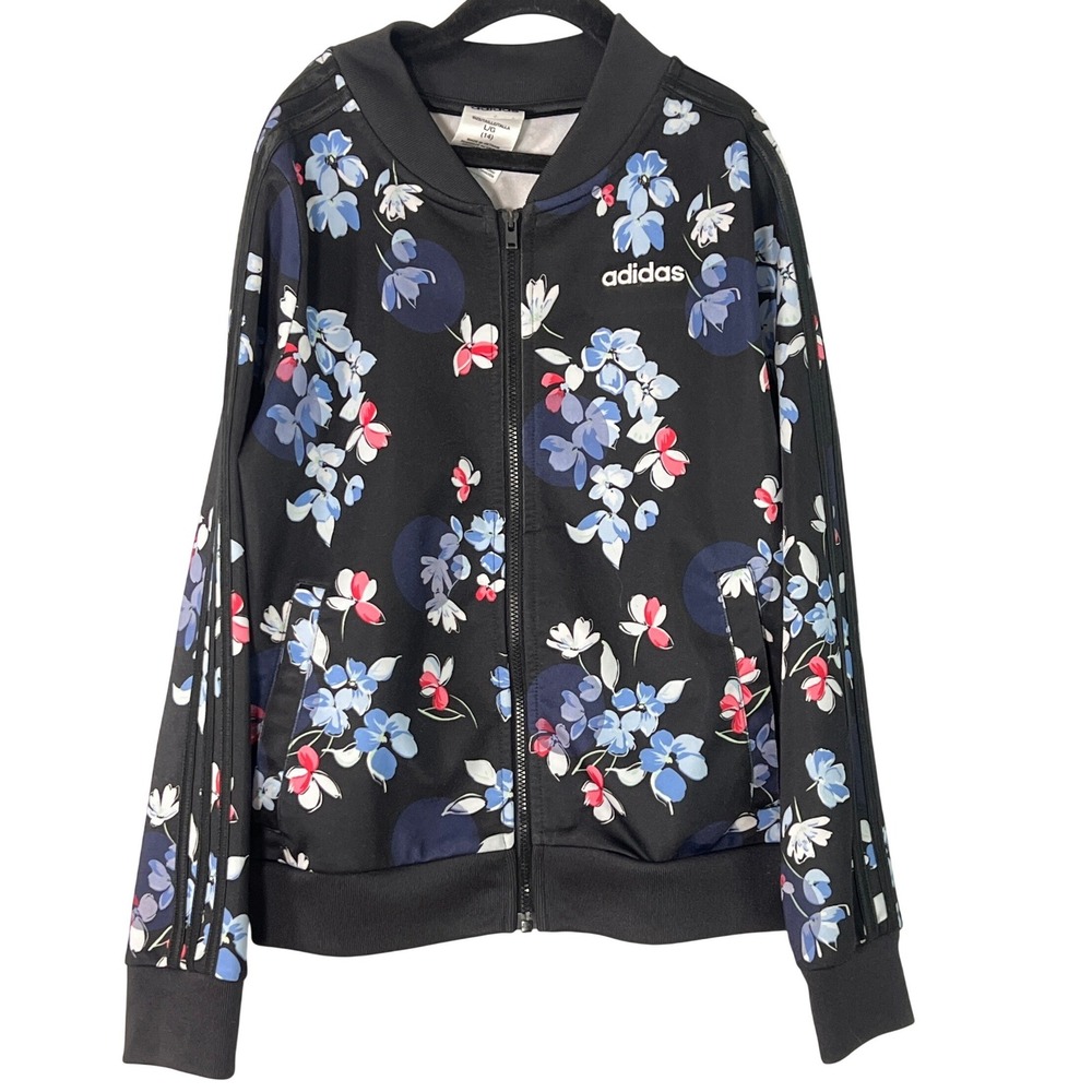 Adidas Kids Black Blue Floral Zip Up Track Suit Jacket Sporty Girls 14 Athletic‎